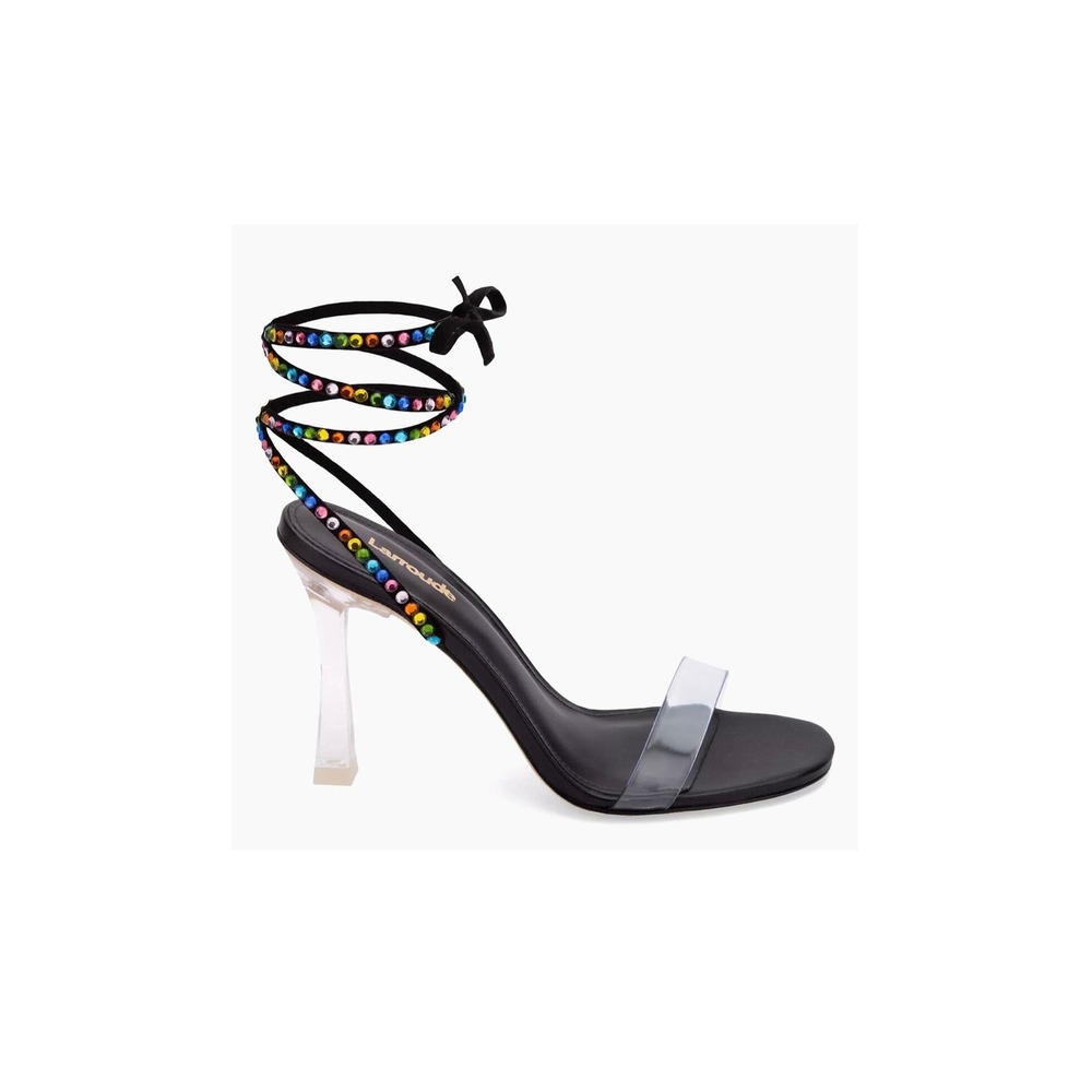LARROUDE Disco Gloria Sandal Women 10 Black Rainbow Jewel Clear Heel Lace Up
